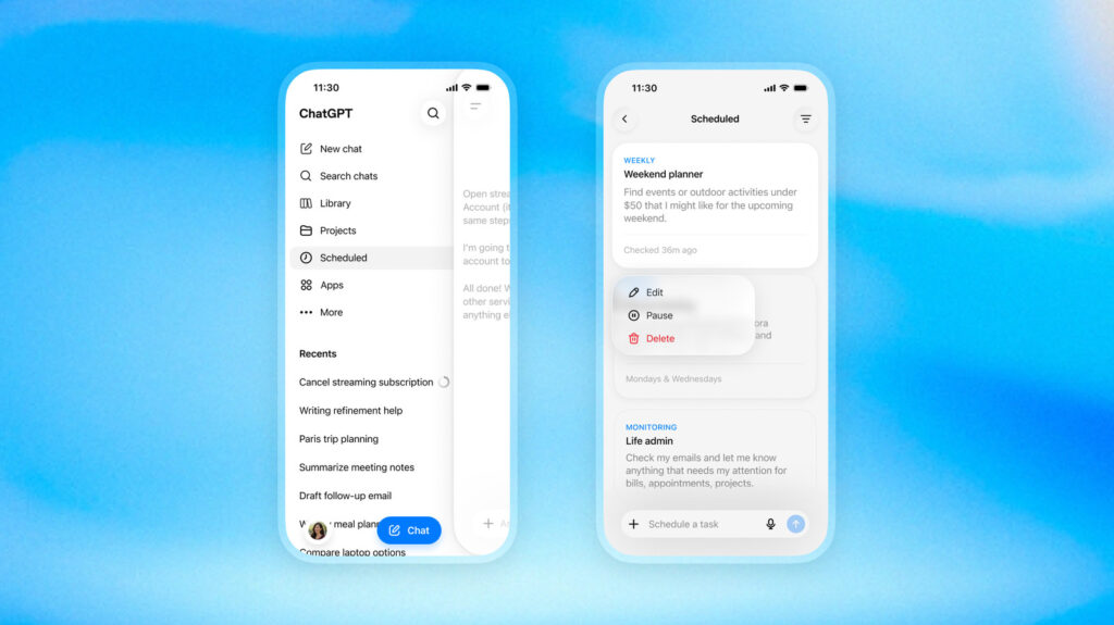 أوبن إيه آي تتيح ميزة جدولة المهام في ChatGPT للحسابات المجانية وتطلق أتمتة التطبيقات