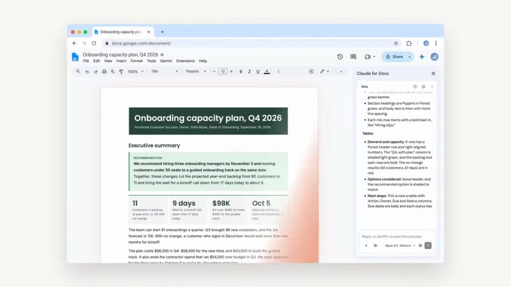 أنثروبيك تدمج Claude في مستندات وجداول وعروض جوجل Claude في Google Workspace يظهر داخل مستند Google Docs لتنظيم النص وتنسيقه