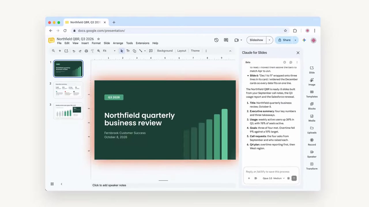 الشريط الجانبي لمساعد Claude داخل Google Slides بجانب عرض تقديمي