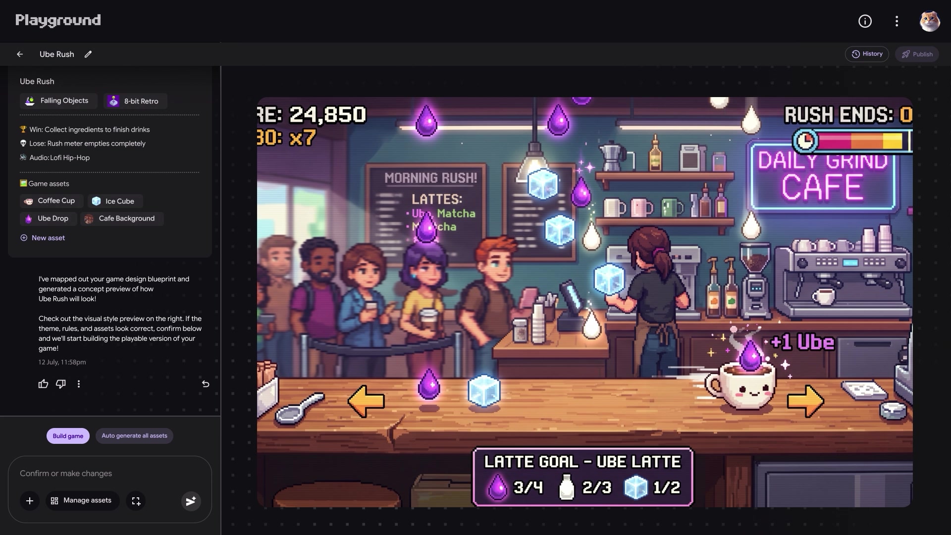 واجهة Playground تعرض معاينة لعبة Ube Rush ولوحة تعديل تصميمها بالمحادثة