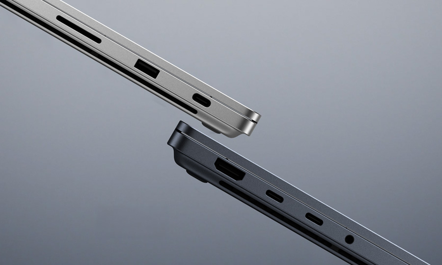 لقطة مقرّبة لمنافذ Surface Laptop Ultra، تشمل USB-C وUSB-A وHDMI وقارئ بطاقات SD ومنفذ سماعات الرأس.