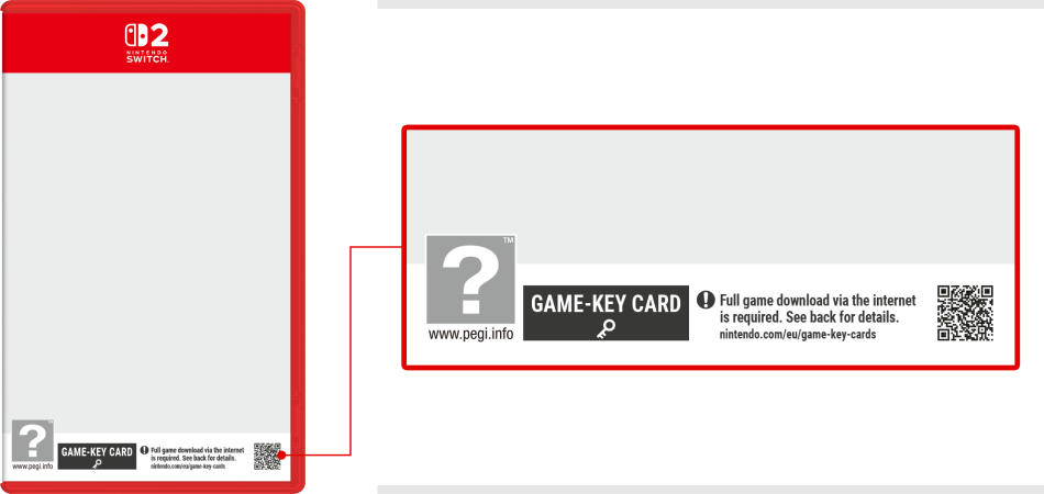 رسم رسمي يوضح علامة Game-Key Card وتنبيه تنزيل اللعبة على غلاف ألعاب سويتش 2