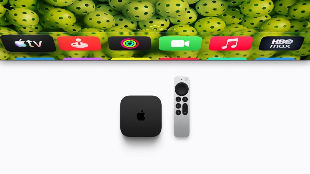 آبل تكشف عن Apple TV 4K بمعالج A19 وSiri AI جهاز Apple TV 4K من الجيل الرابع مع Siri Remote أسفل شاشة تعرض التطبيقات