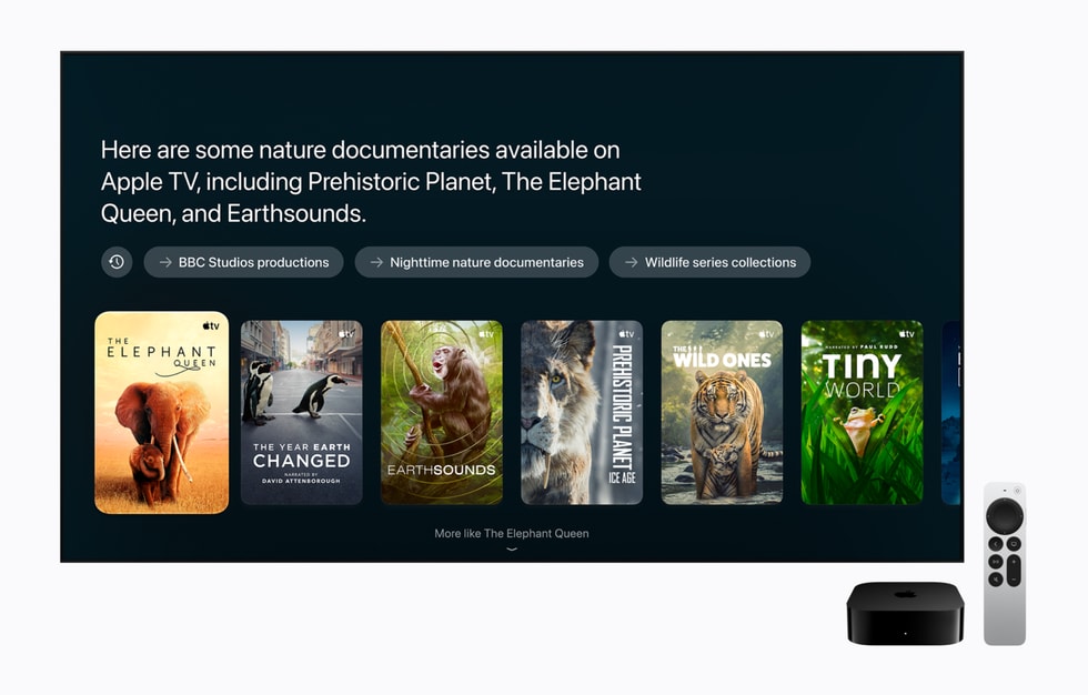 واجهة Siri AI على Apple TV 4K تعرض اقتراحات لأفلام وثائقية عن الطبيعة