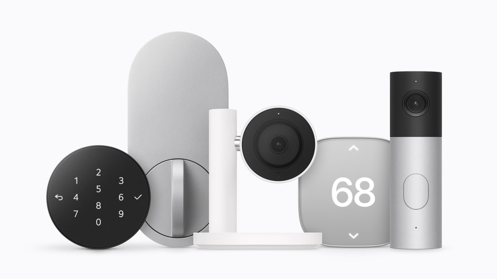 قفل باب وكاميرا داخلية وجرس فيديو ومنظم حرارة من مجموعة Apple Home Collection