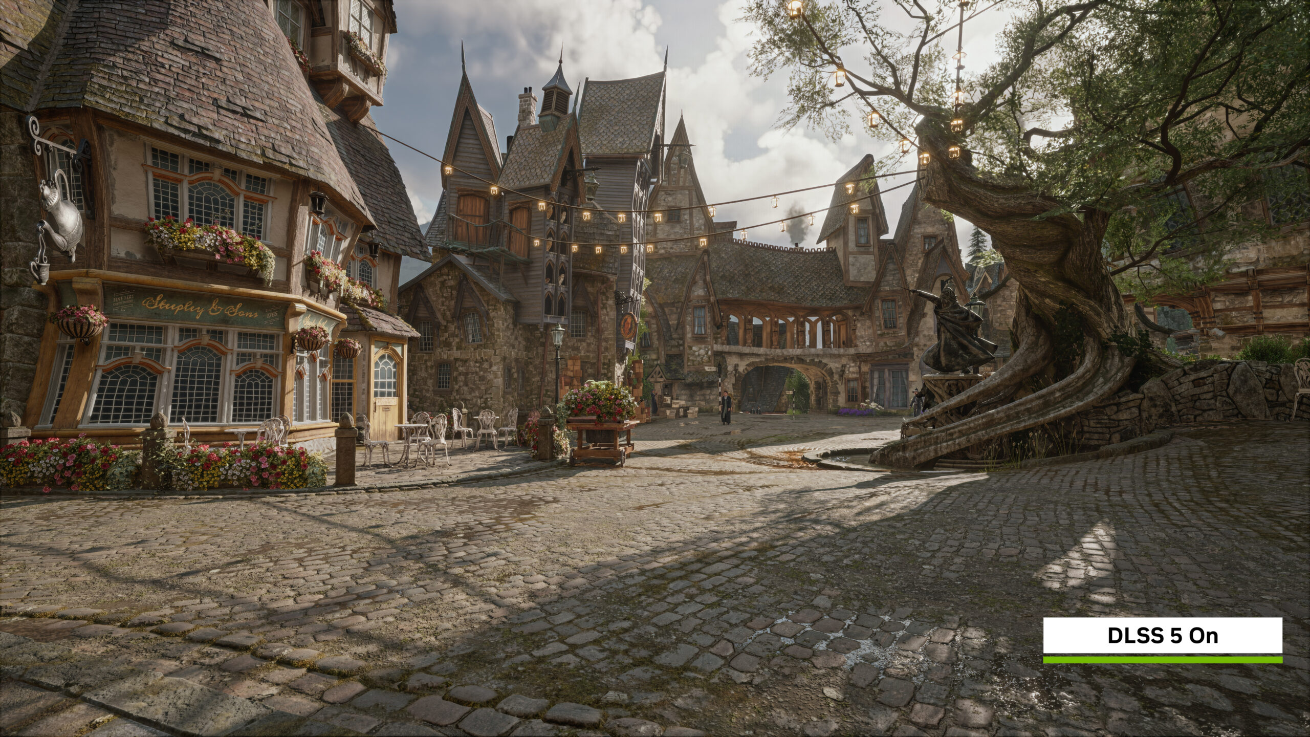 ساحة قرية في Hogwarts Legacy مع تشغيل DLSS 5