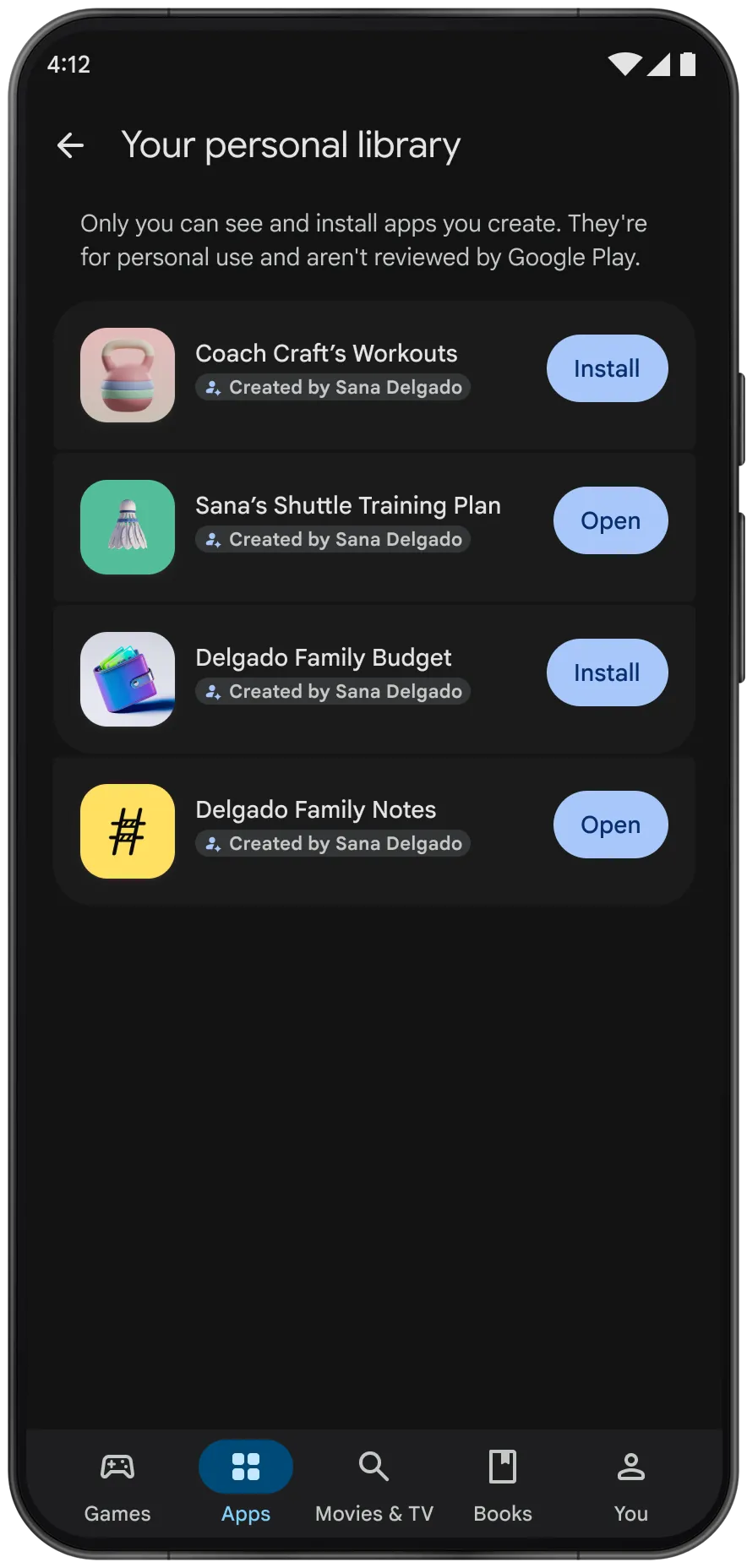 واجهة المكتبة الشخصية في Google Play تعرض تطبيقات خاصة أنشأها المستخدم وأزرار تثبيتها وفتحها