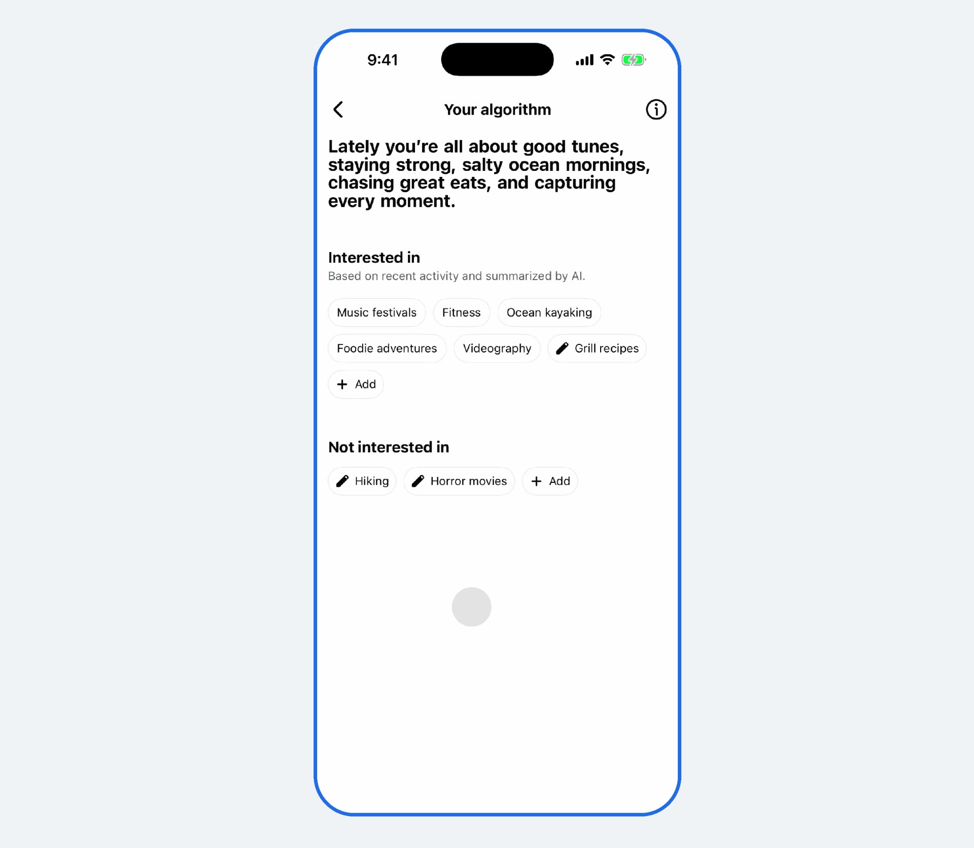 واجهة Your algorithm تعرض قائمة بالموضوعات التي يهتم بها المستخدم وتلك التي لا يرغب في رؤيتها مع خيار إضافة موضوعات