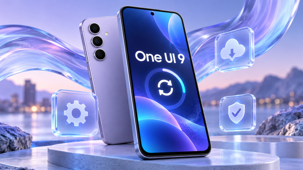 سامسونج تبدأ طرح One UI 9 لهاتفي Galaxy A27 وGalaxy A37 في كوريا تصميم توضيحي مولّد بالذكاء الاصطناعي لهاتف في أثناء تحديث النظام