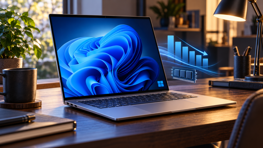 مايكروسوفت تعلن عن تحسينات Windows 11 للأداء والبحث والصور صورة توضيحية مولّدة بالذكاء الاصطناعي لحاسوب محمول يعرض خلفية ويندوز 11 مع رموز تشير إلى تحسين كفاءة الذاكرة