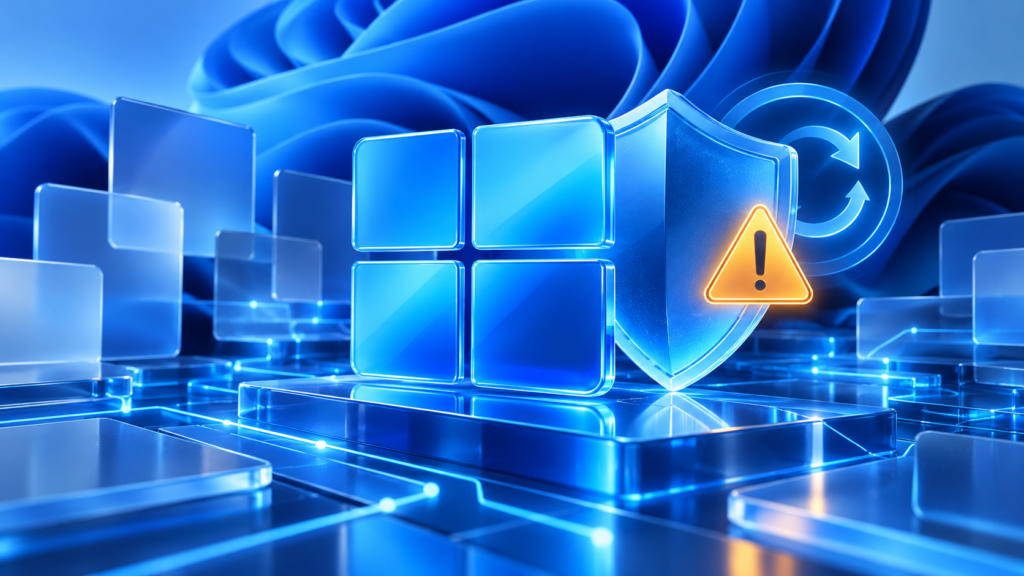 خلل في تحديث Windows 11 يمنع إعادة تفعيل Smart App Control تصوّر فني لشعار Windows بجوار درع أمني وعلامة تنبيه وسهم إعادة التفعيل