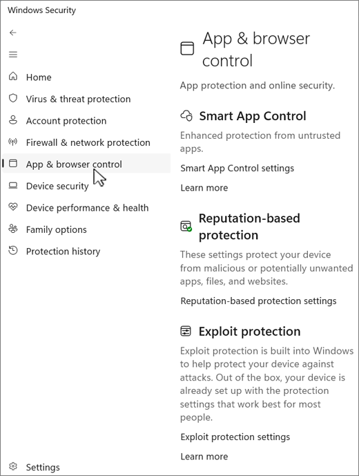 لقطة رسمية توضح موضع إعدادات Smart App Control في قسم التحكم بالتطبيقات والمستعرض بأمن Windows