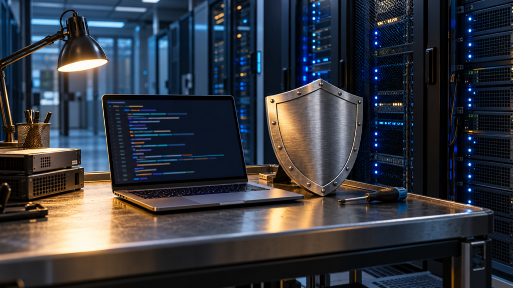 تحديثات PHP تعالج ثغرتين حرجتين وتستدعي تدخل أصحاب المواقع تصوير تعبيري لمحطة صيانة داخل غرفة خوادم مع درع يرمز إلى الحماية الأمنية.
