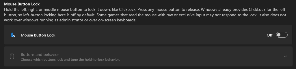 إعدادات تثبيت أزرار الفأرة Mouse Button Lock في PowerToys