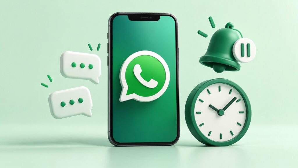 رسم تعبيري لهاتف يحمل رمز واتساب بجانب رسائل وجرس متوقف وساعة ترمز إلى تأخر الإشعارات