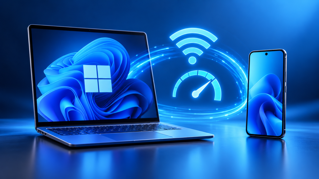 ويندوز Windows 11 يختبر قياس سرعة الإنترنت والتحكم بالهاتف من الإعدادات السريعة رسم توضيحي لحاسوب ويندوز وهاتف متصل مع رمزي الشبكة وقياس السرعة