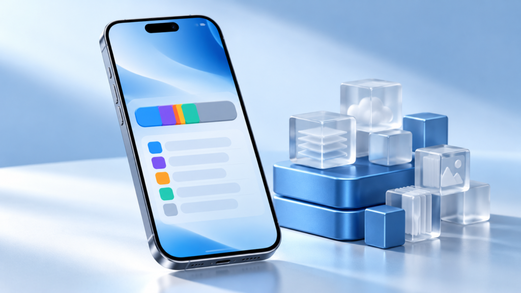 تقليل مساحة بيانات النظام System Data على iPhone بأمان رسم توضيحي لهاتف iPhone مع شريط تخزين وكتل تمثل بيانات النظام