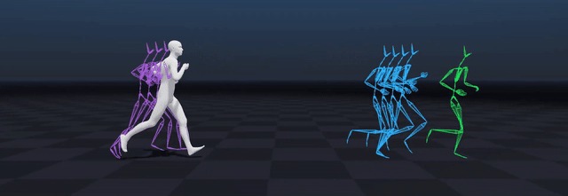 نموذج بشري أبيض مع هياكل ملونة توضح سياق الحركة والوضعيات المستهدفة في MotionBricks