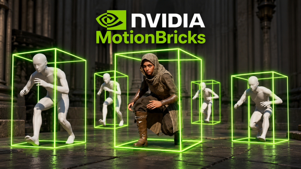 إنفيديا توسّع MotionBricks بنماذج لحركة البشر وأدوات مفتوحة للمطورين شخصية رقمية ونماذج حركة داخل إطارات خضراء مع شعار NVIDIA MotionBricks
