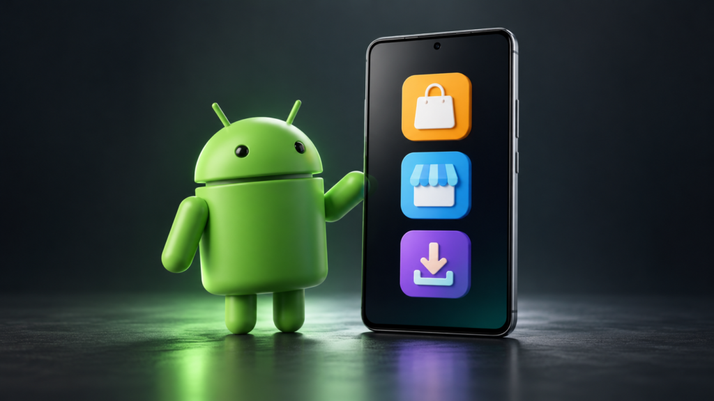 جوجل تفتح تسجيل متاجر Android البديلة تمهيداً للتثبيت بنقرة واحدة روبوت أندرويد بجانب هاتف يعرض رموزاً توضيحية لمتاجر التطبيقات والتنزيل