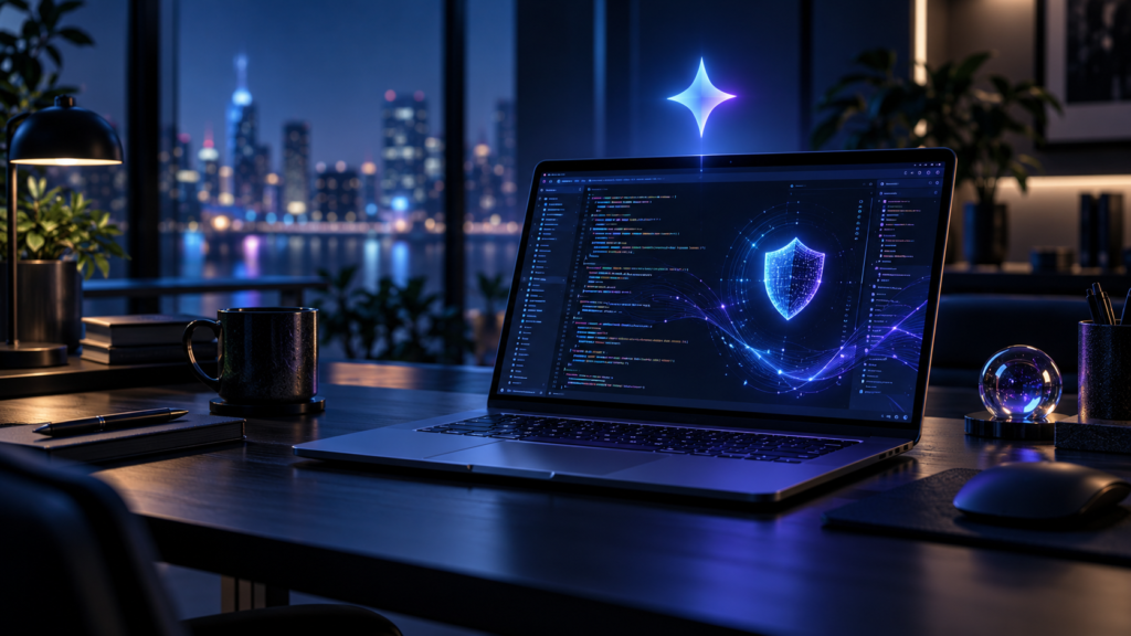 جوجل تكشف عن Gemini 4 Carbon للبرمجة والأمن السيبراني بوصول محدود تصور تعبيري لحاسوب يراجع شيفرات برمجية مع رمز للحماية السيبرانية