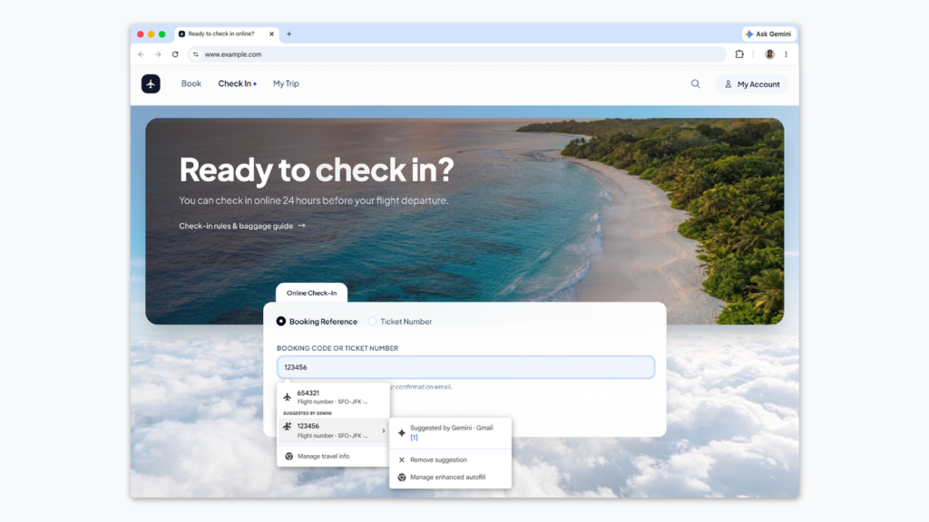 جوجل تضيف إلى Chrome تعبئة تلقائية تستعين ببيانات Gmail نموذج تسجيل وصول لرحلة طيران مع اقتراح رقم الحجز من Gmail في Chrome