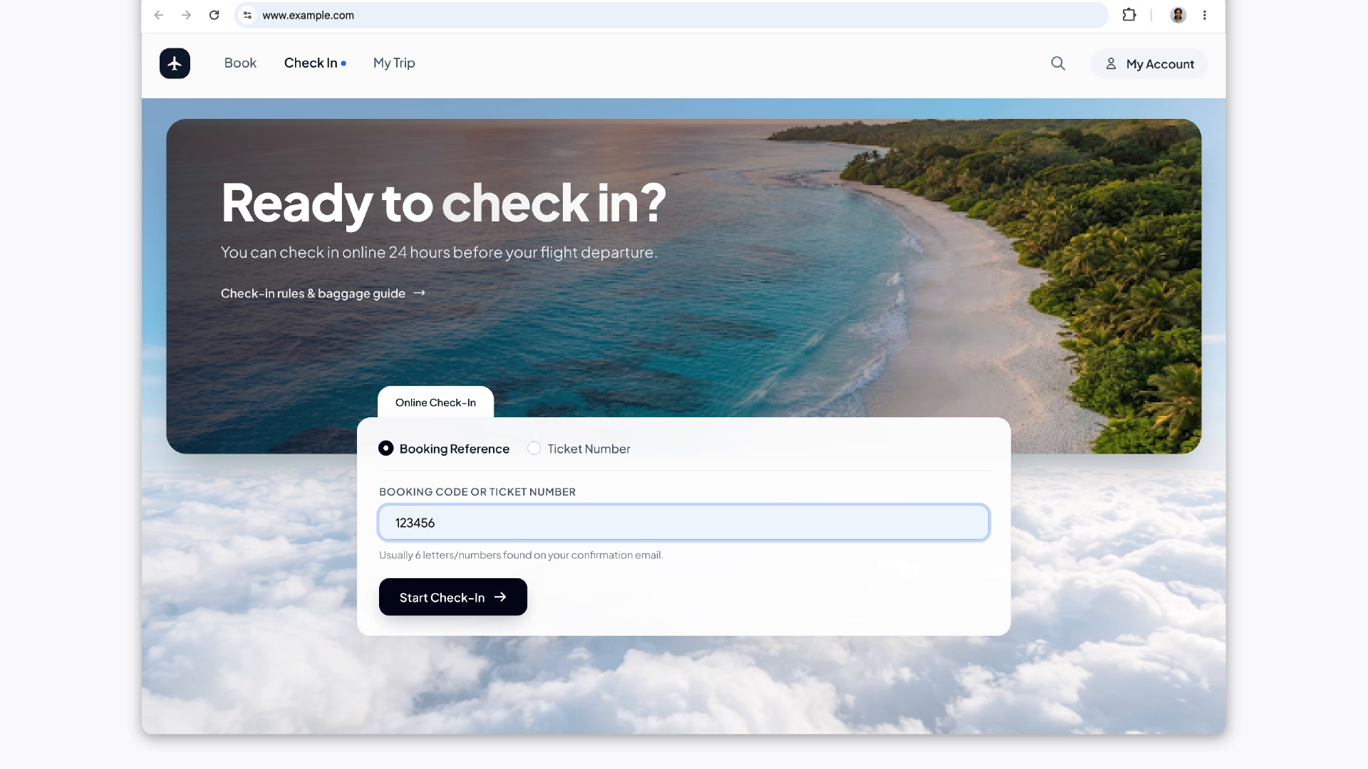 نموذج تسجيل الوصول بعد إدراج رقم حجز الطيران في Chrome