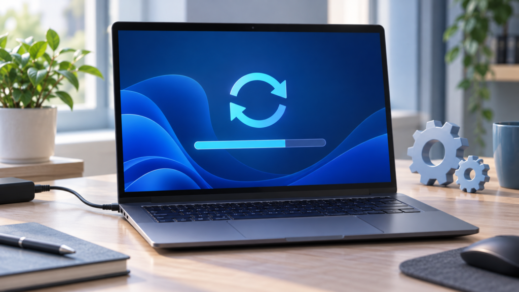 حل مشكلة تعليق تحديث Windows 11 بأمان رسم توضيحي لحاسوب محمول موصول بالطاقة يعرض رمز تحديث وشريط تقدم