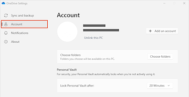تبويب Account في إعدادات OneDrive وخيار Unlink this PC