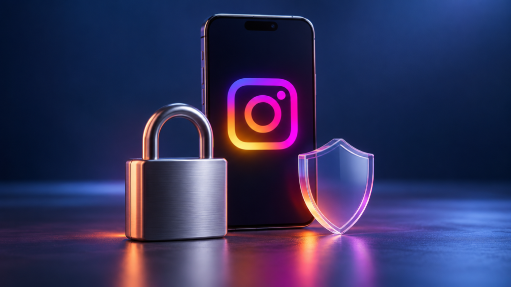 استعادة حساب Instagram المخترق بالطرق الرسمية وتأمينه رسم توضيحي لهاتف يحمل شعار Instagram إلى جانب قفل ودرع للحماية