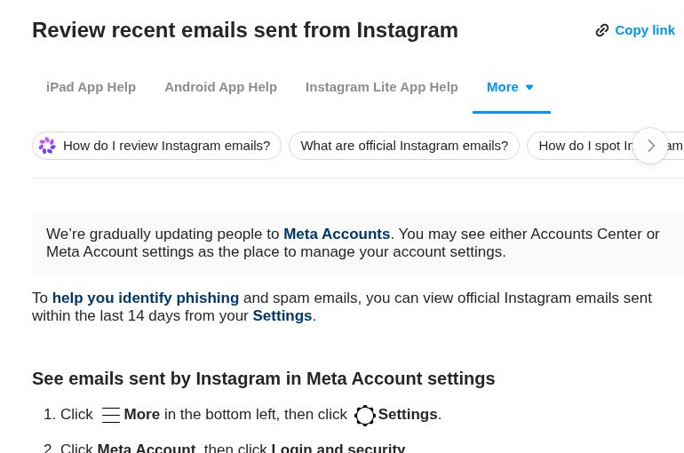 صفحة مساعدة Instagram توضح مراجعة الرسائل الأخيرة والانتقال إلى إعدادات حساب Meta