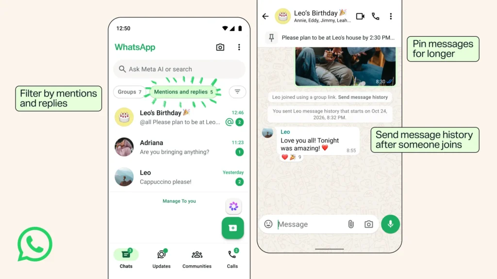 واجهات WhatsApp لفلترة الإشارات ومشاركة سجل المحادثة وتثبيت الرسائل دائماً
